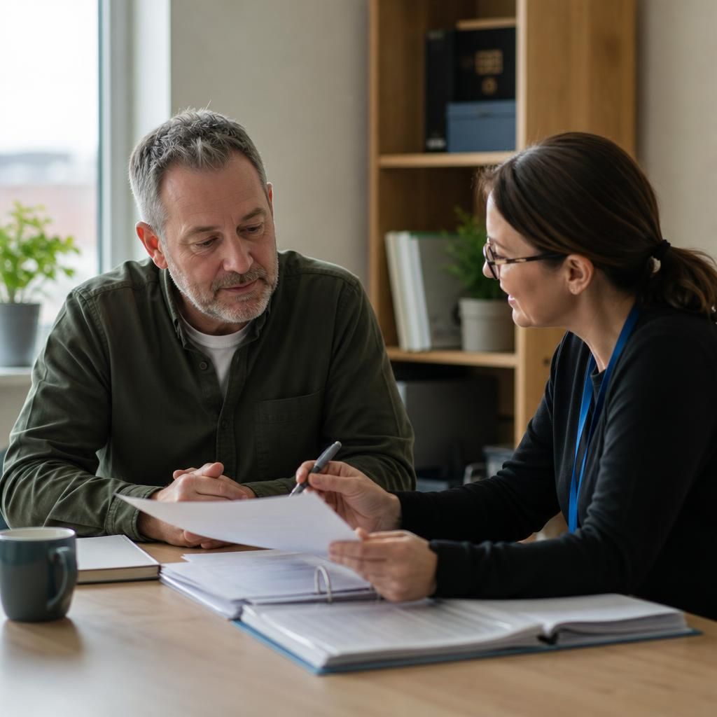 Prospective foster carer discussing application documents with a social worker