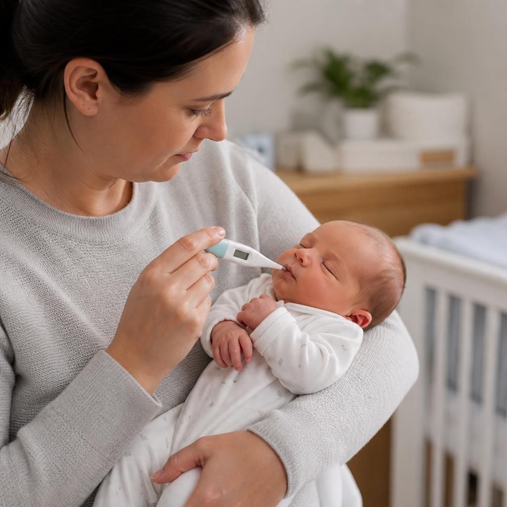 Foster carer checking a newborn’s temperature with a digital thermometer