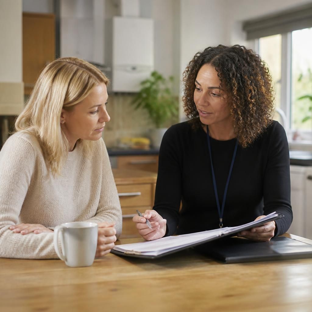 Foster carer and supervising social worker discussing paperwork at a kitchen table