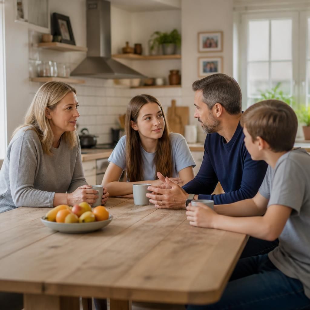 Foster family talking together around a kitchen table