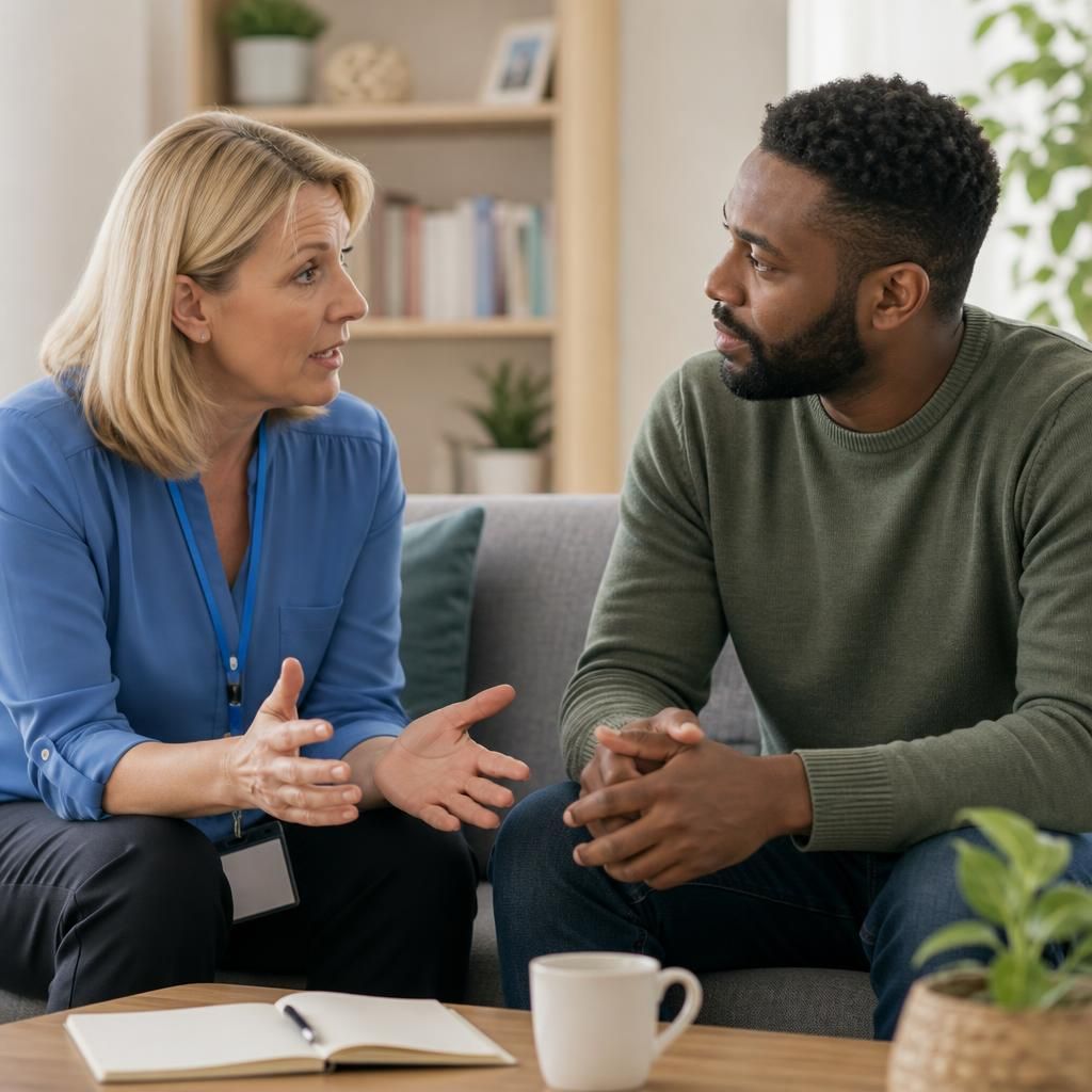 Prospective foster carer taking part in a training discussion with a support worker
