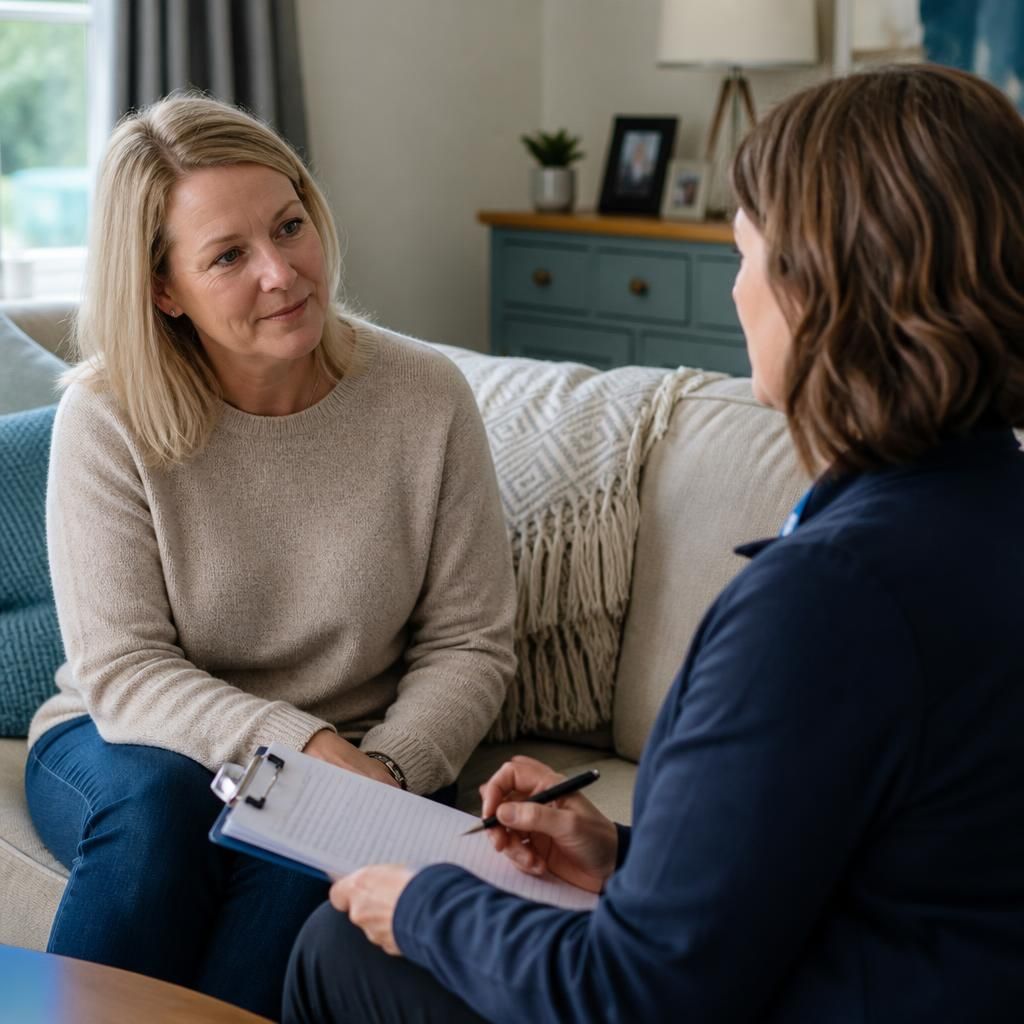 Foster carer speaking with a supervising social worker at home