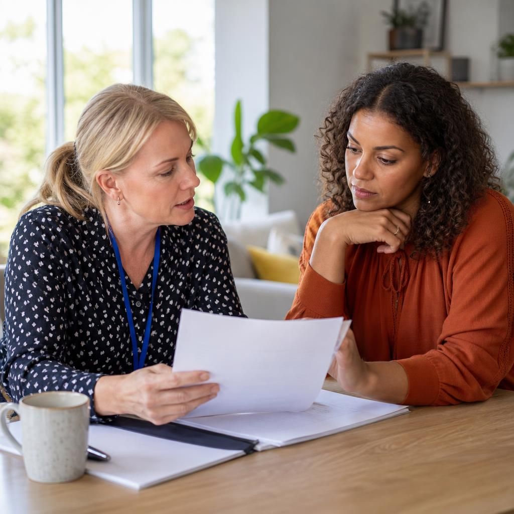 Foster carer and social worker reviewing application documents at a table
