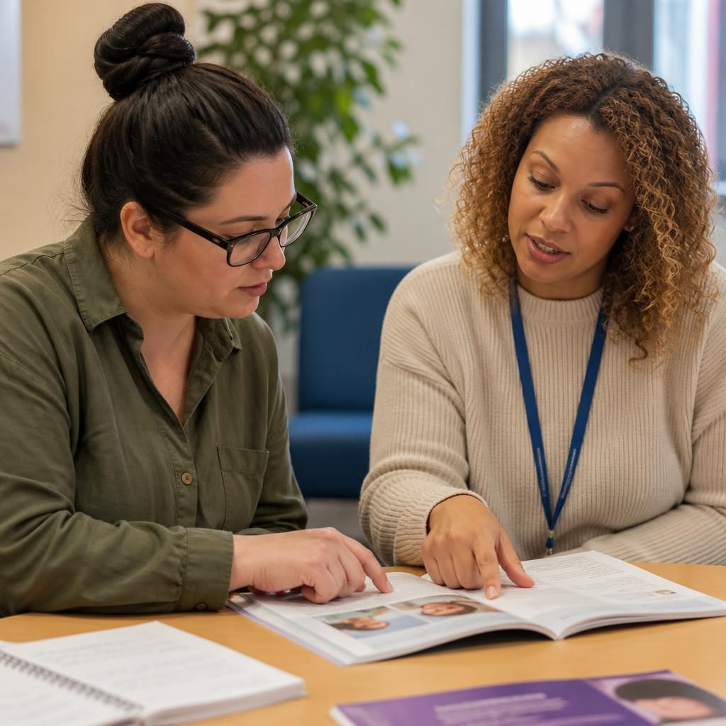 Foster carer reviewing training materials with a trainer