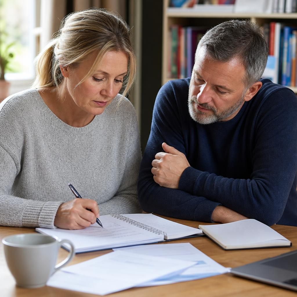 Foster carers taking notes during a fostering preparation discussion