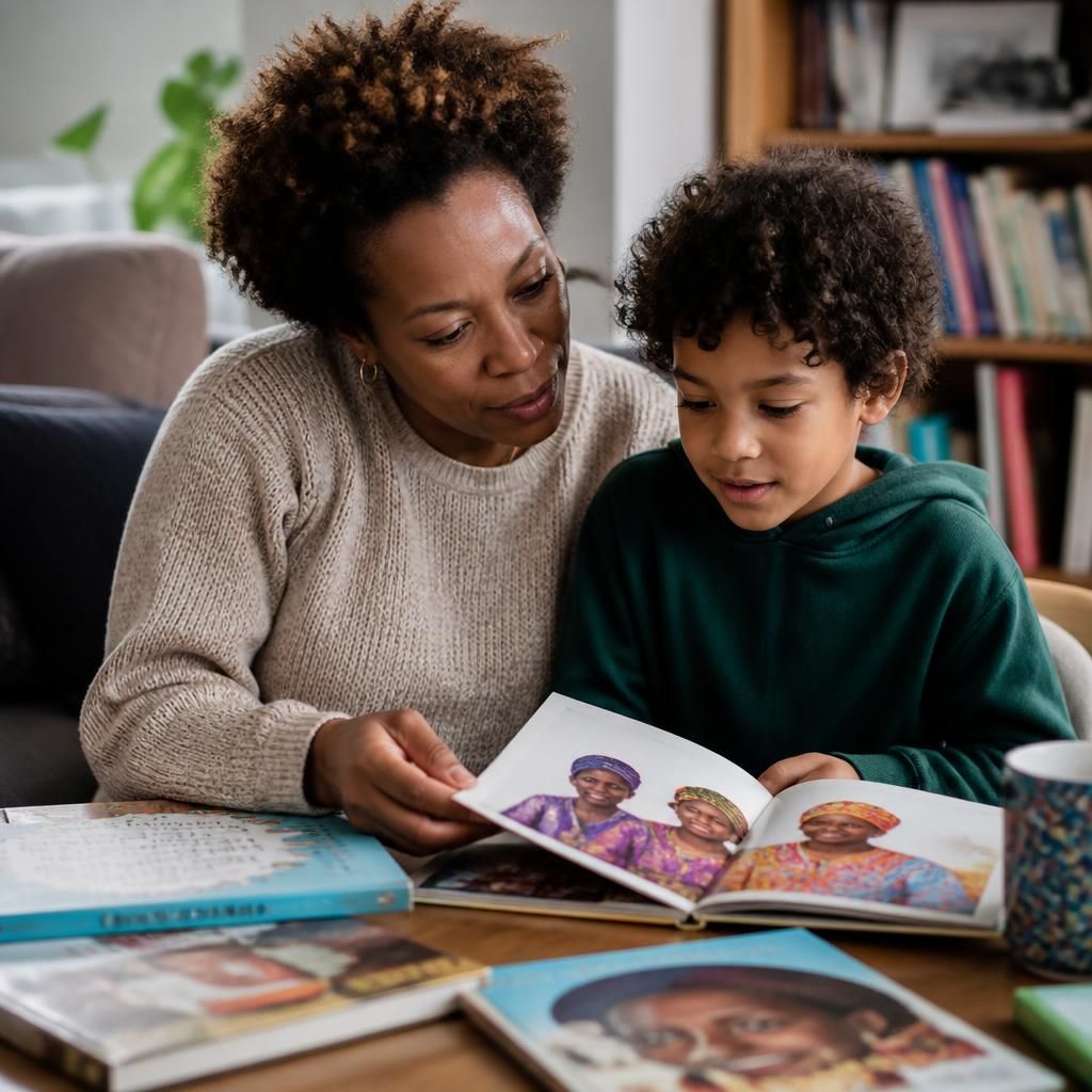 Single parent foster carer and child looking at books about different cultures