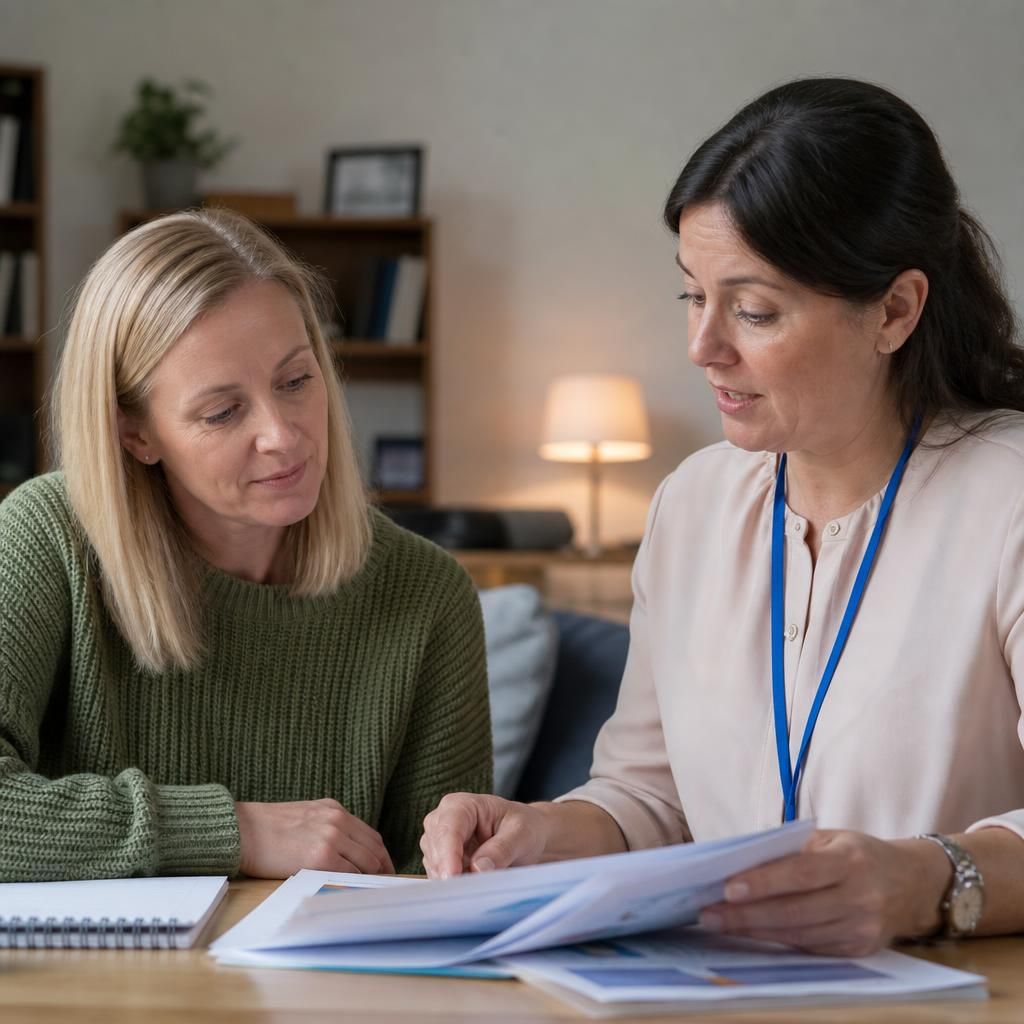 Foster carer reviewing training materials with a supervising social worker