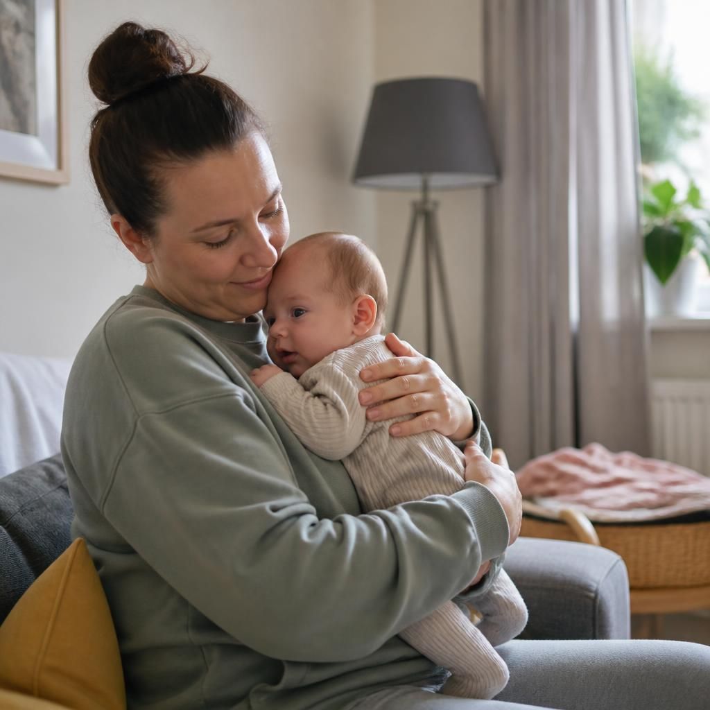Single foster carer holding an infant safely at home