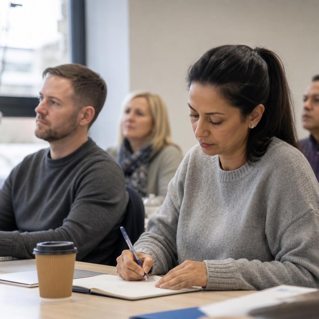 Adults taking notes during a foster carer training session