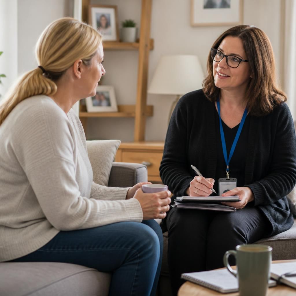 Foster carer speaking with a supervising social worker at home