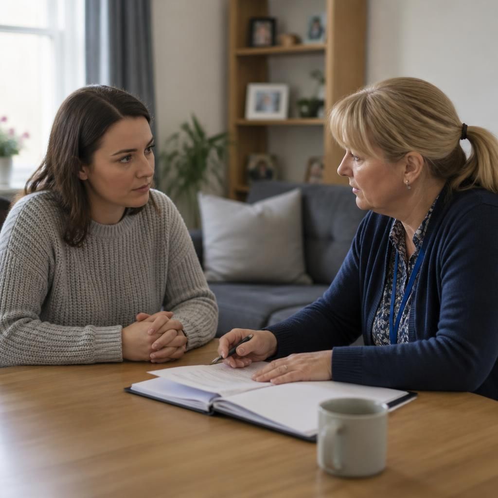 Applicant discussing criminal record paperwork with a fostering assessment social worker
