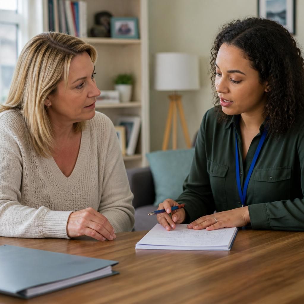 Foster carer and social worker discussing placement notes at a table