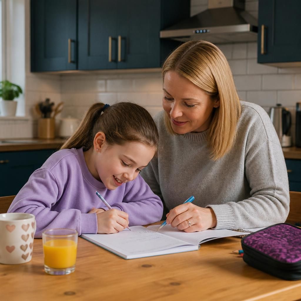 Relative helping a child with homework at home