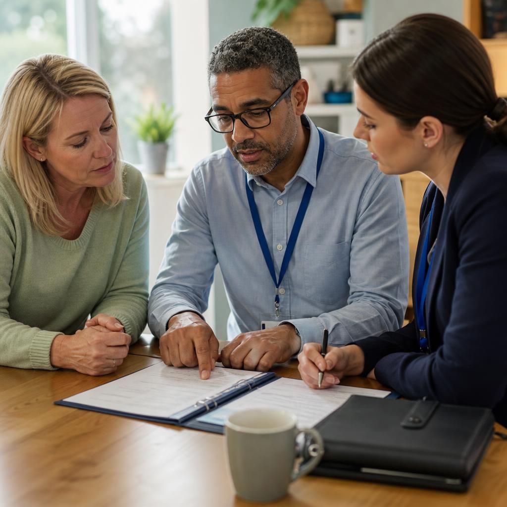 Foster carer and social workers reviewing a child’s care documents at a meeting
