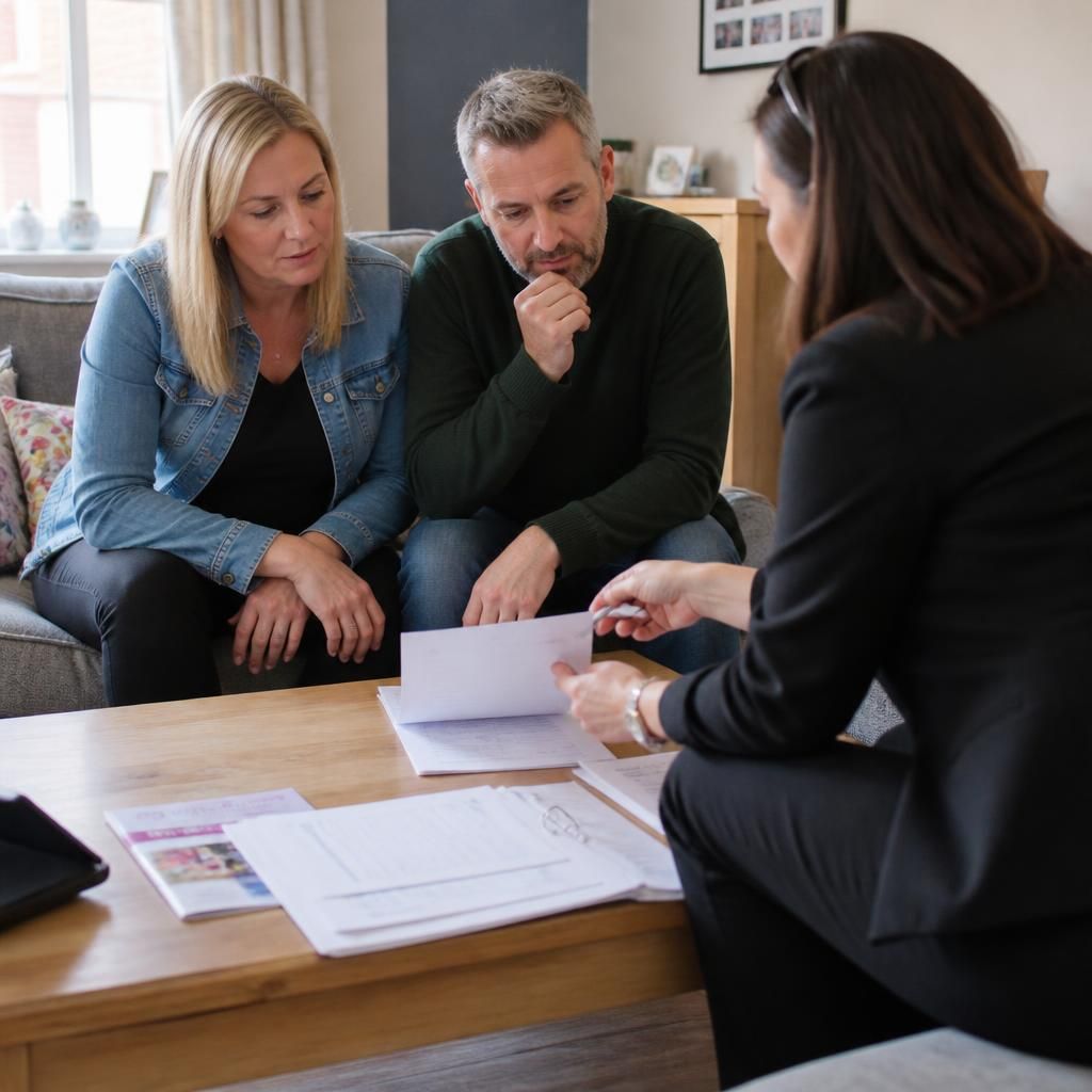 Foster carer applicants discussing assessment documents with a social worker at home