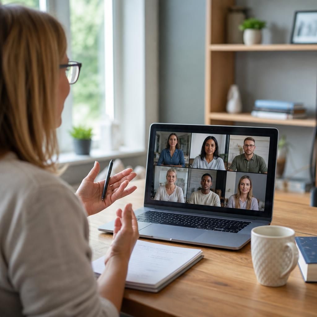 Tutor leading an online fostering training session with learners on screen