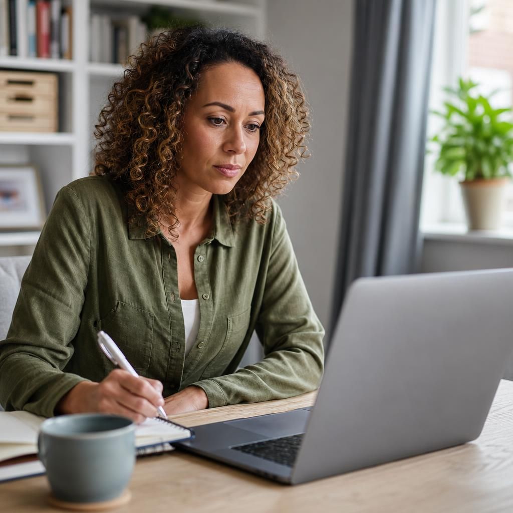 Working foster carer attending a training session with a laptop and notebook