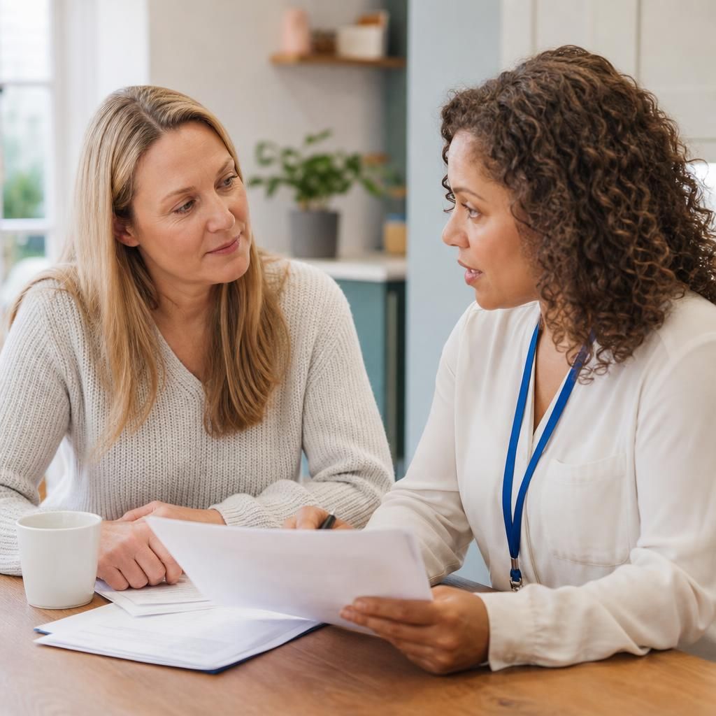 Foster carer discussing emergency placement information with a social worker