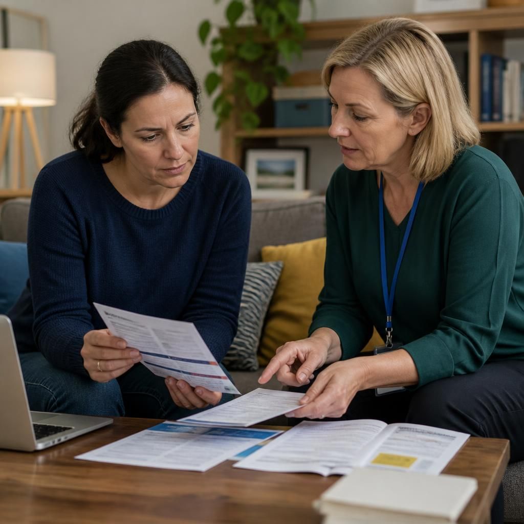 Foster carer reviewing guidance documents with a social care professional