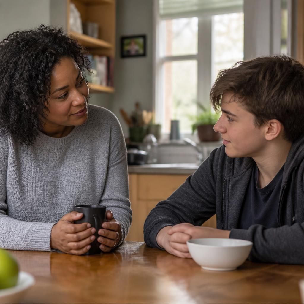 Foster carer talking with a young person at a kitchen table