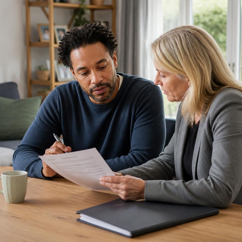 Foster carer reviewing a written payment agreement with an adviser