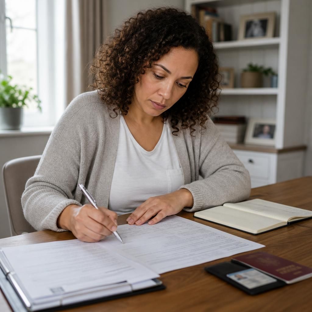 Prospective foster carer completing disclosure forms beside identity documents