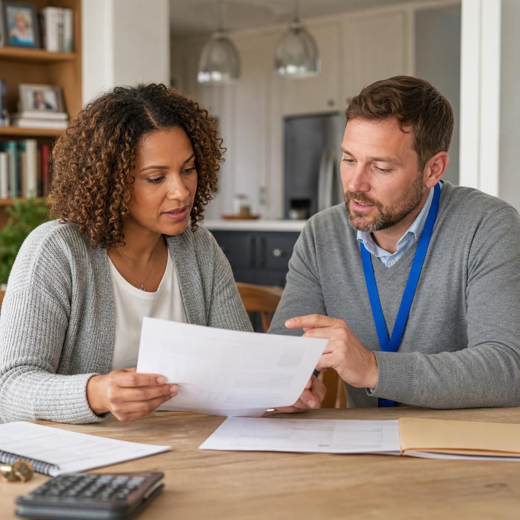 Foster carer reviewing payment documents with a social worker