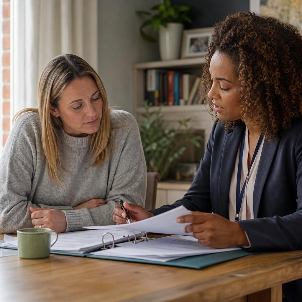 Foster carer reviewing assessment documents with an independent assessor
