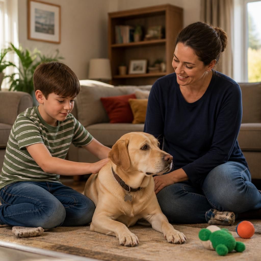 A child and foster carer sitting beside a calm family dog in a living room