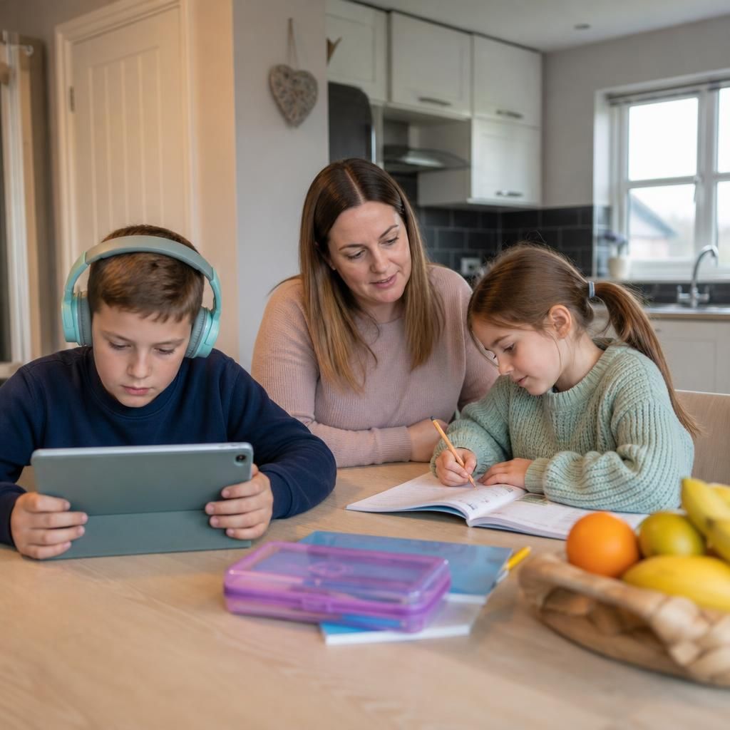 Foster carer supporting two siblings with different activities at home
