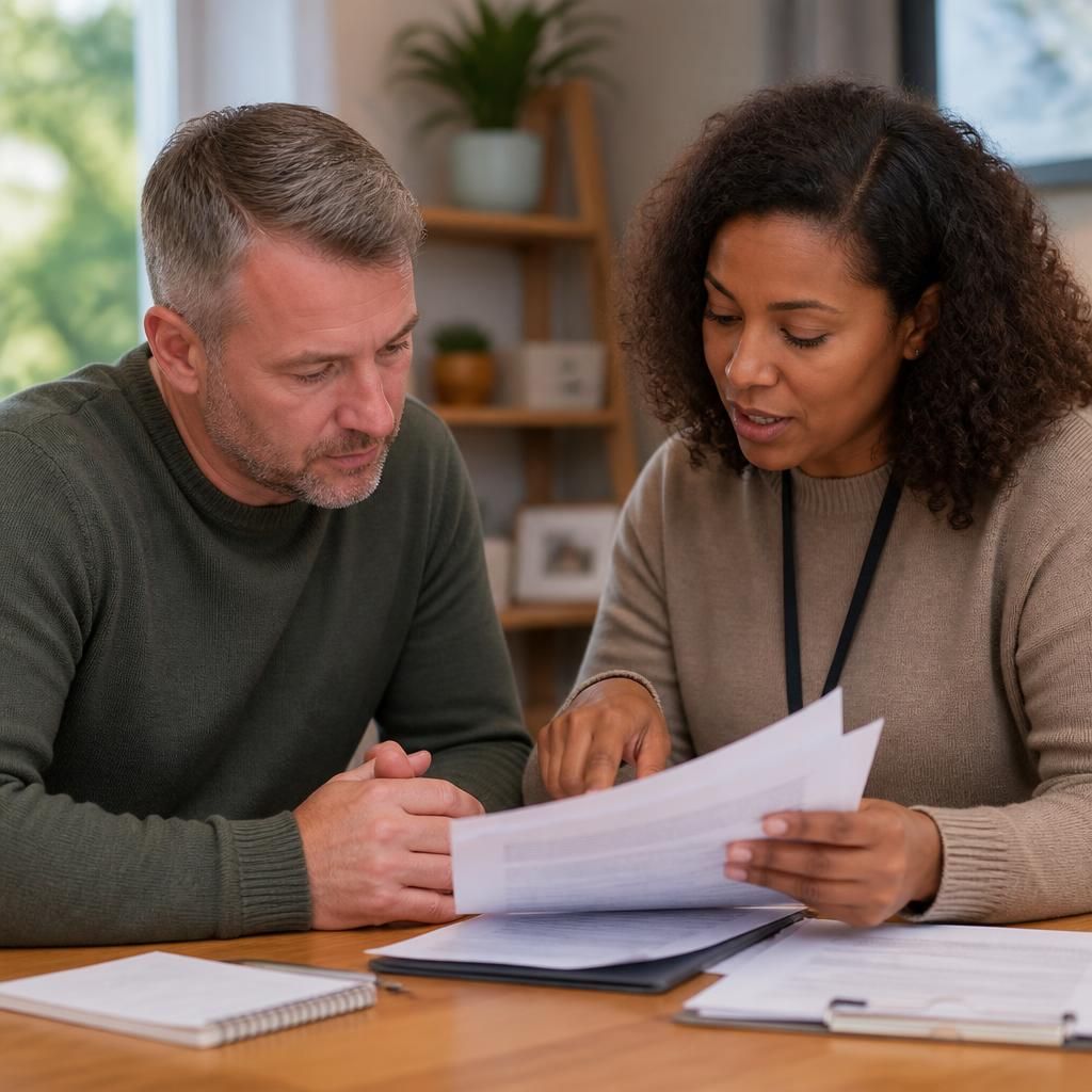Foster carer reviewing assessment documents with a social worker at a table