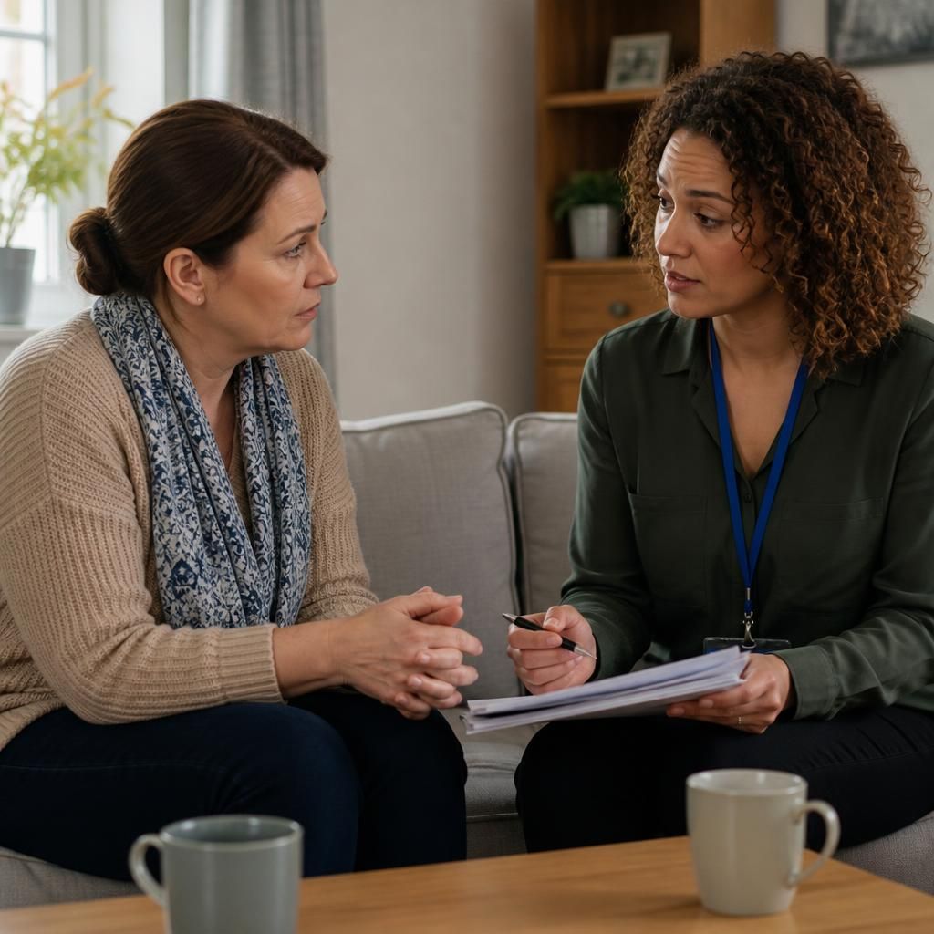 Foster carer discussing case notes with a social worker
