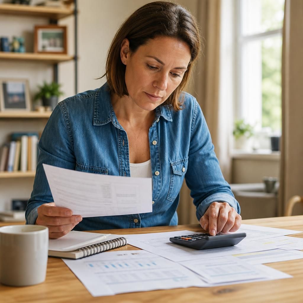 Person reviewing household budget documents and financial records