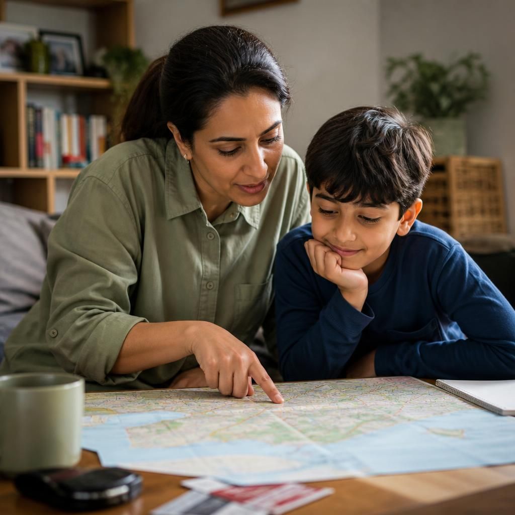 Foster carer and child reviewing holiday plans on a map at home