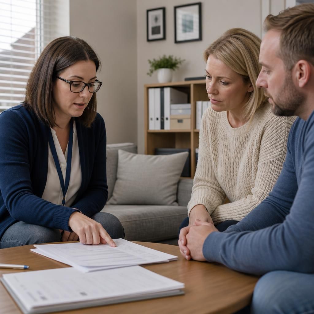 Foster carer applicant discussing paperwork with an assessing social worker