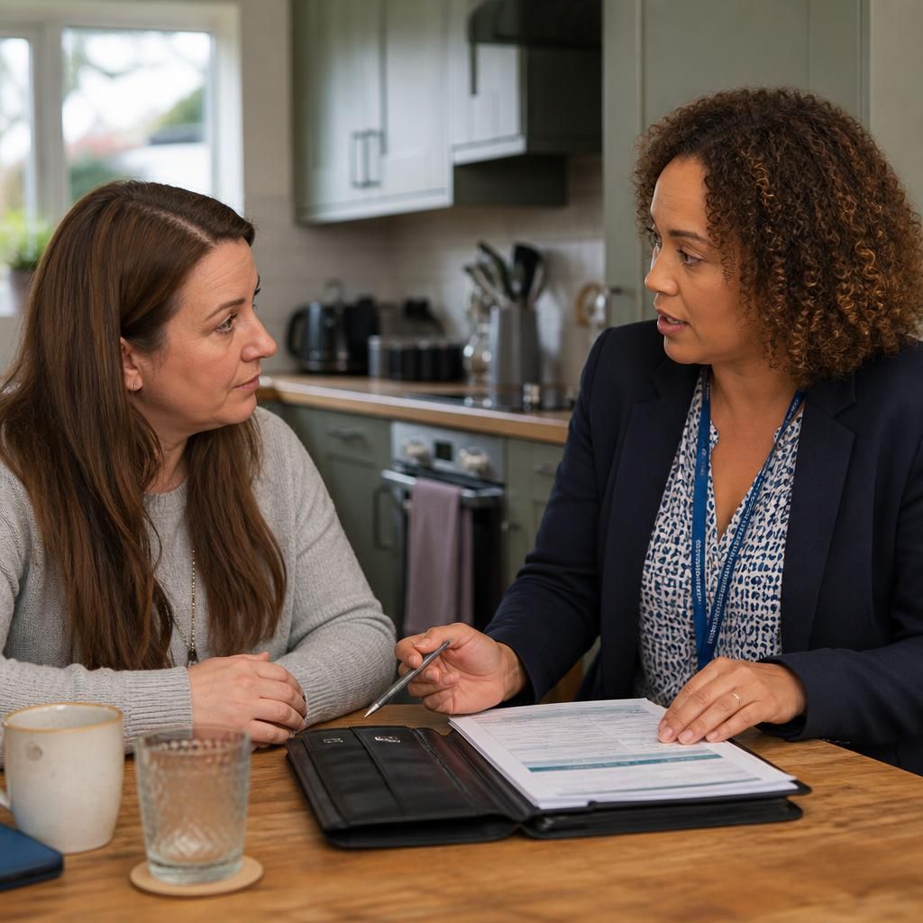 Foster carer discussing placement paperwork with a social worker at a kitchen table