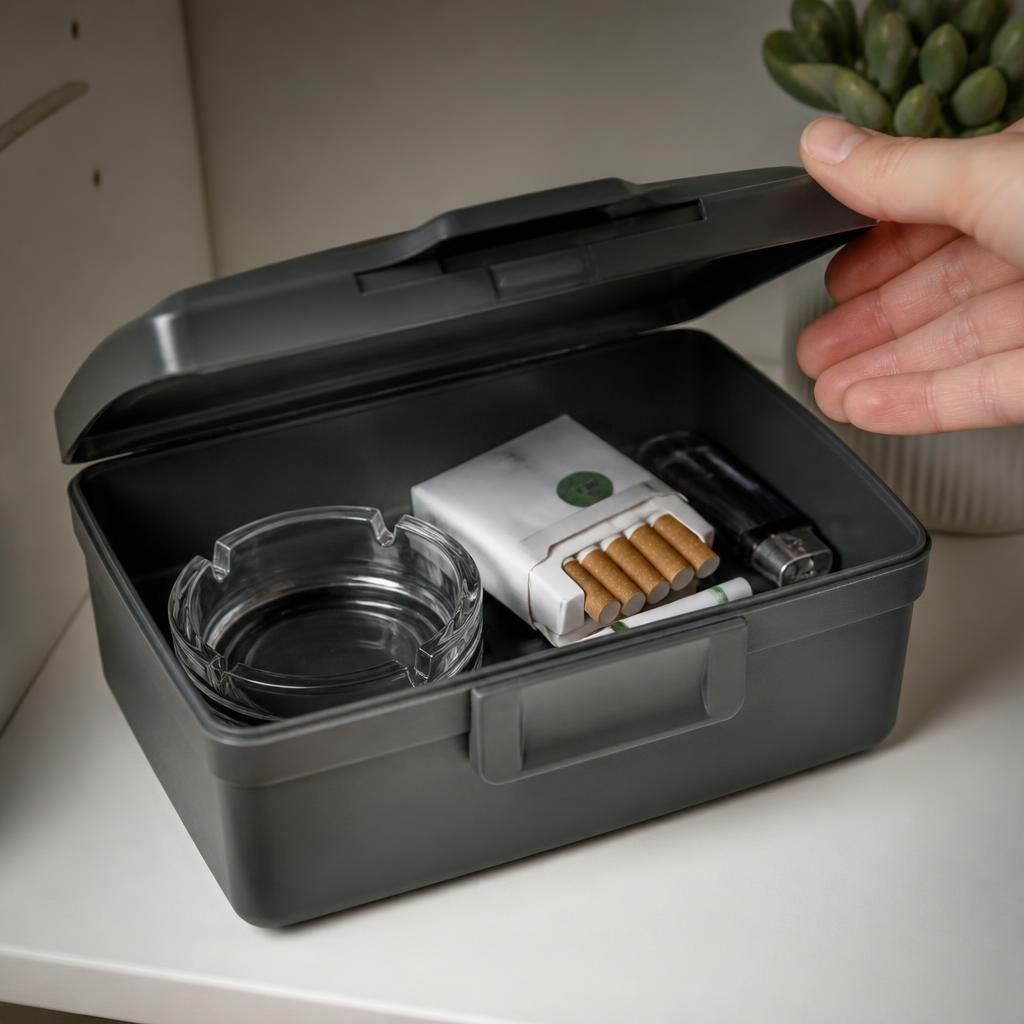 Cigarettes, lighter and ashtray stored securely in a closed container
