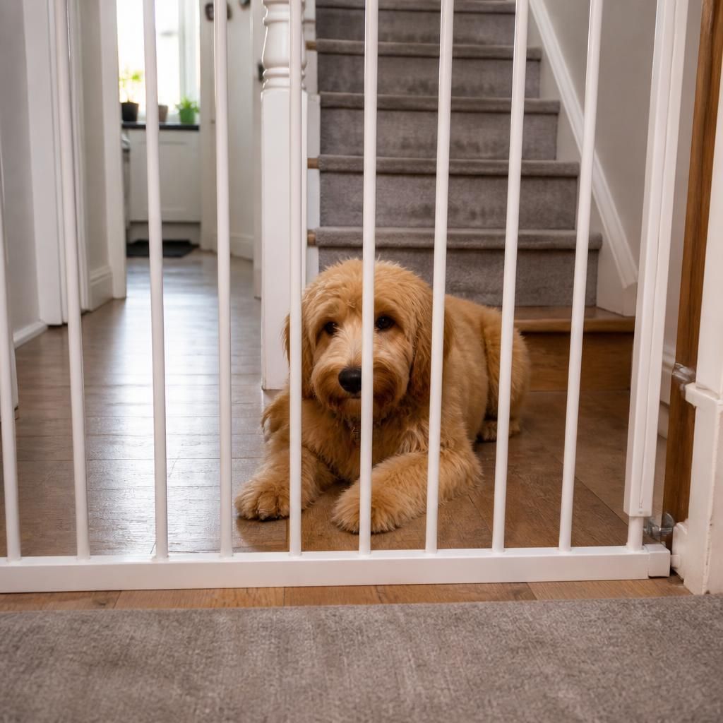 Dog resting behind a stair gate in a family home