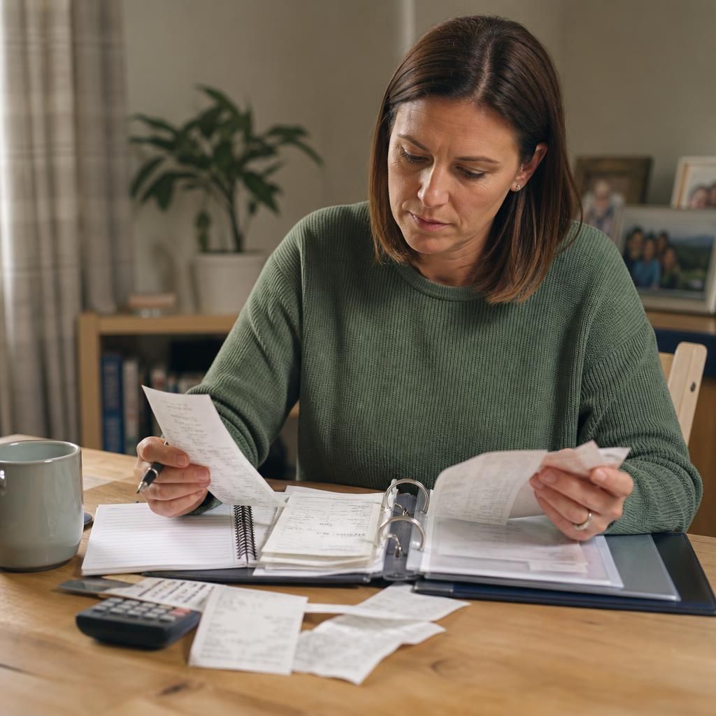 Foster carer organising receipts and household records