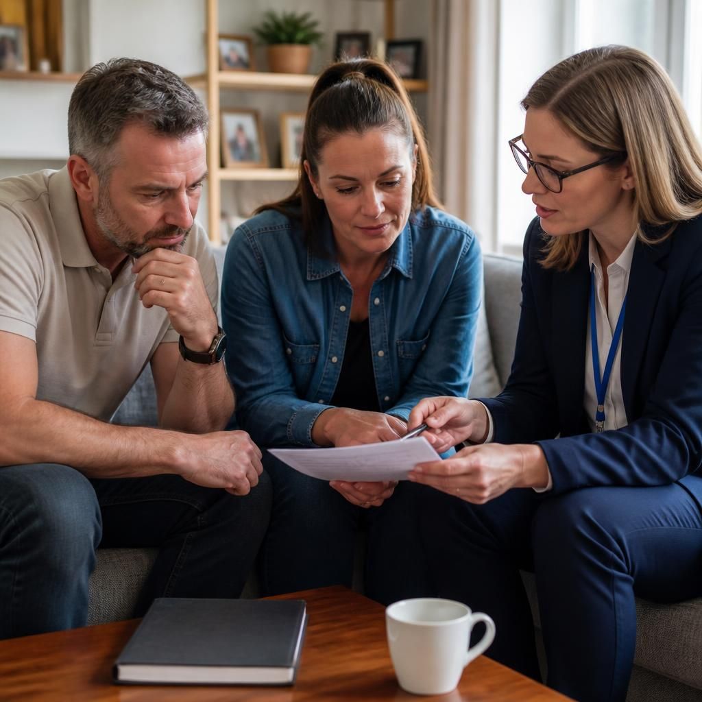 Foster carers discussing a child’s care plan with a social worker
