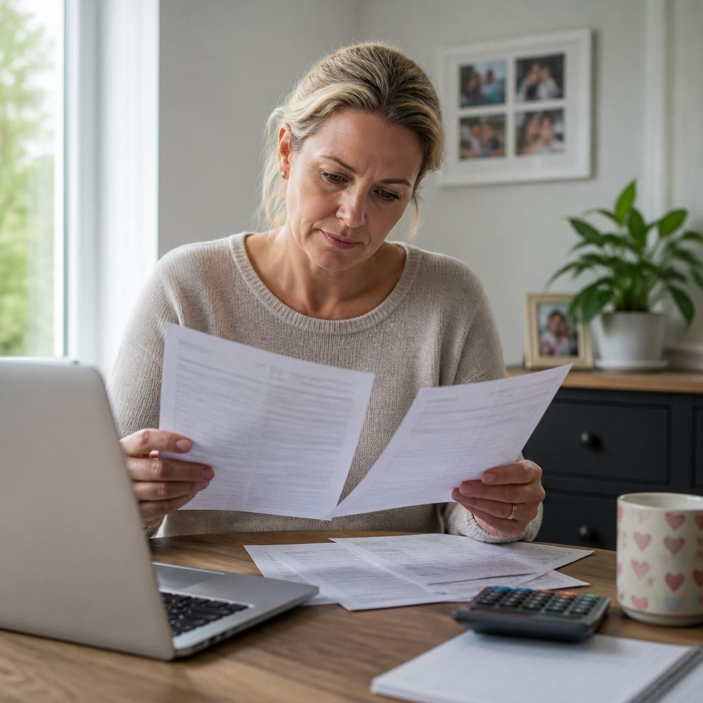 Foster carer reviewing household expenses and fostering payment documents at a table