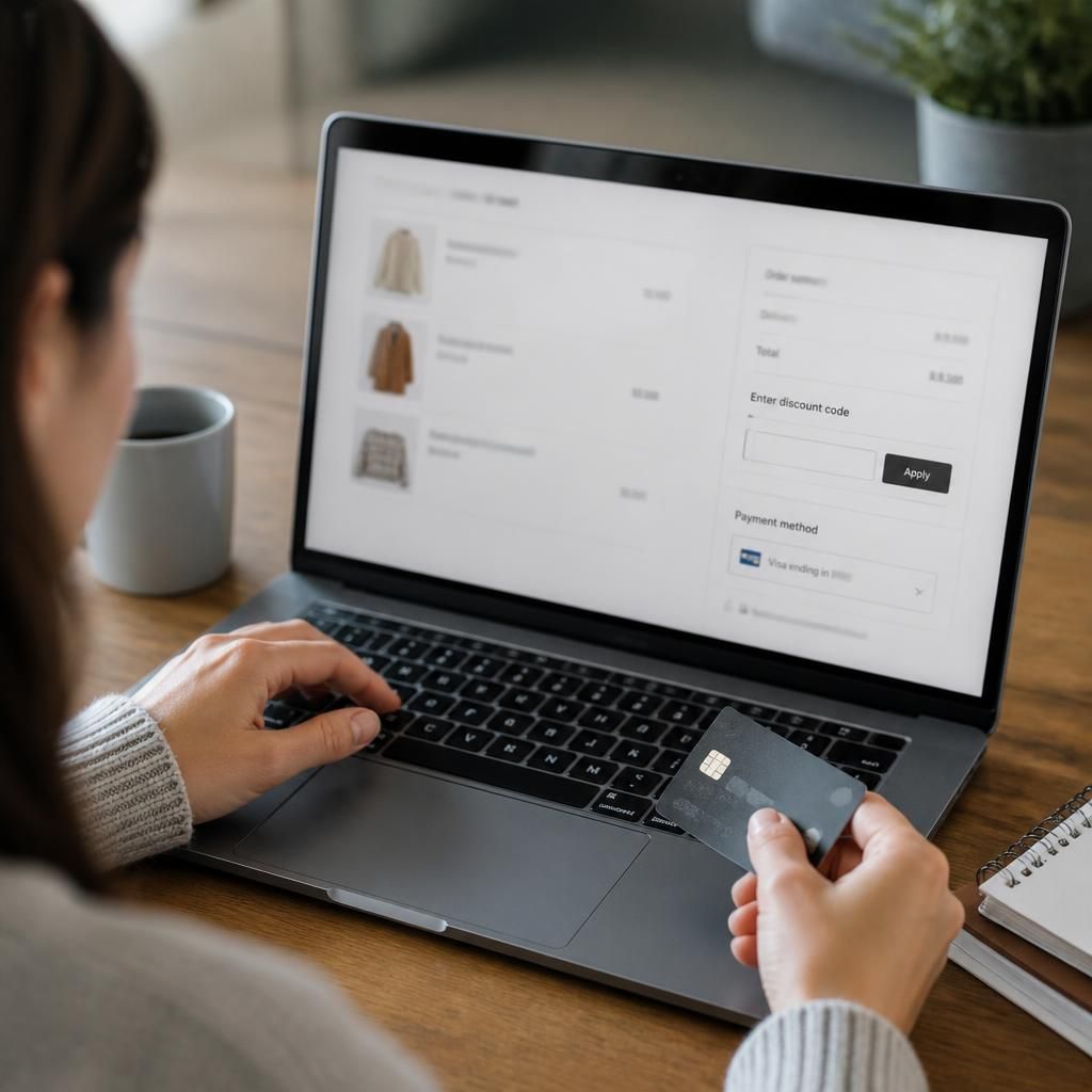 Laptop displaying an online retailer checkout page with a discount code field