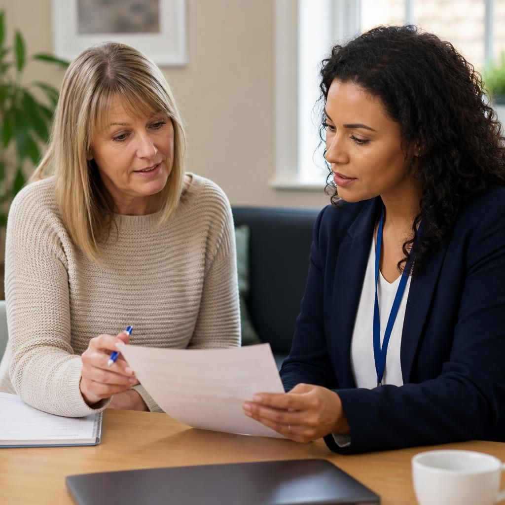 Foster carer reviewing a written payment policy with an adviser