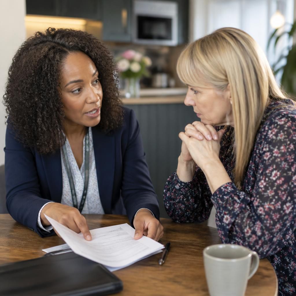 Social worker discussing assessment documents with a prospective kinship carer