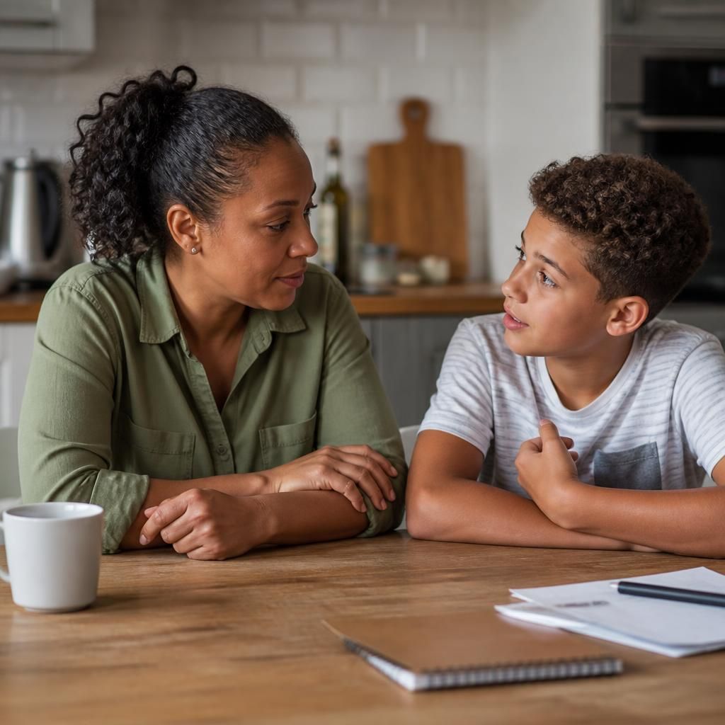 Foster carer and child talking together at a kitchen table