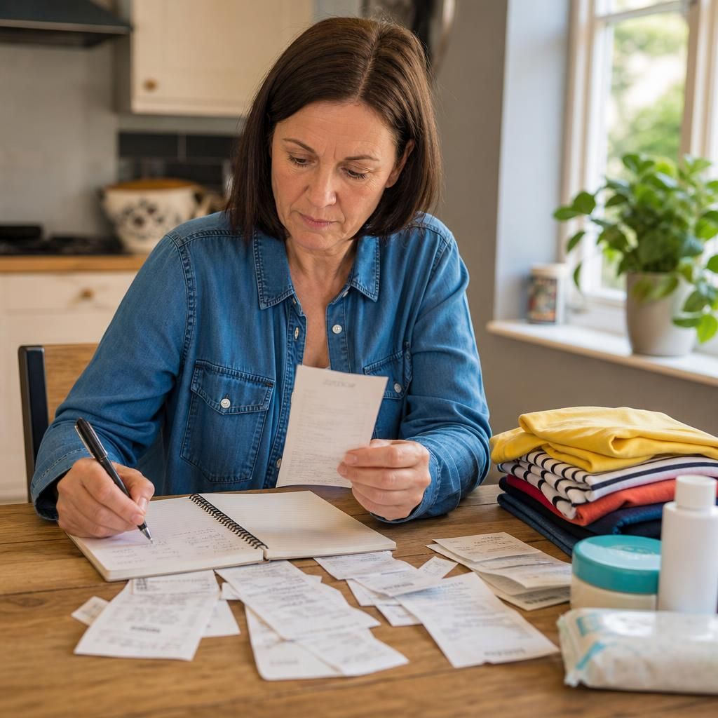Foster carer reviewing receipts and a list of child-related items