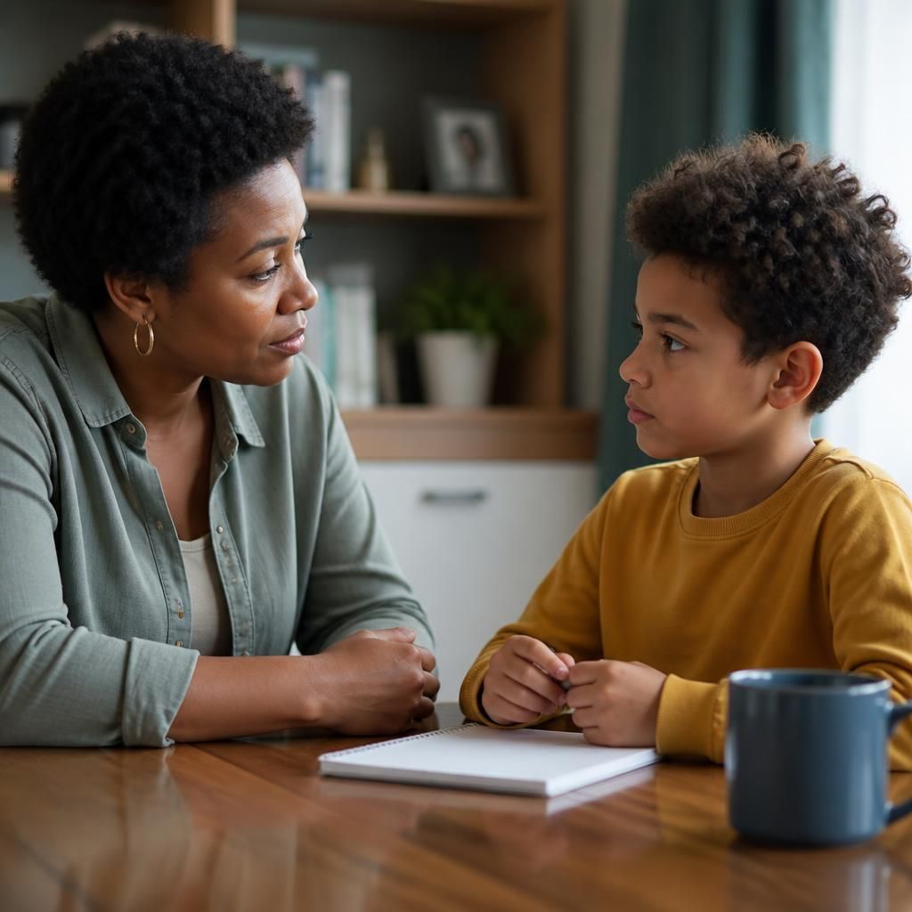 Foster carer and child discussing household rules at a table