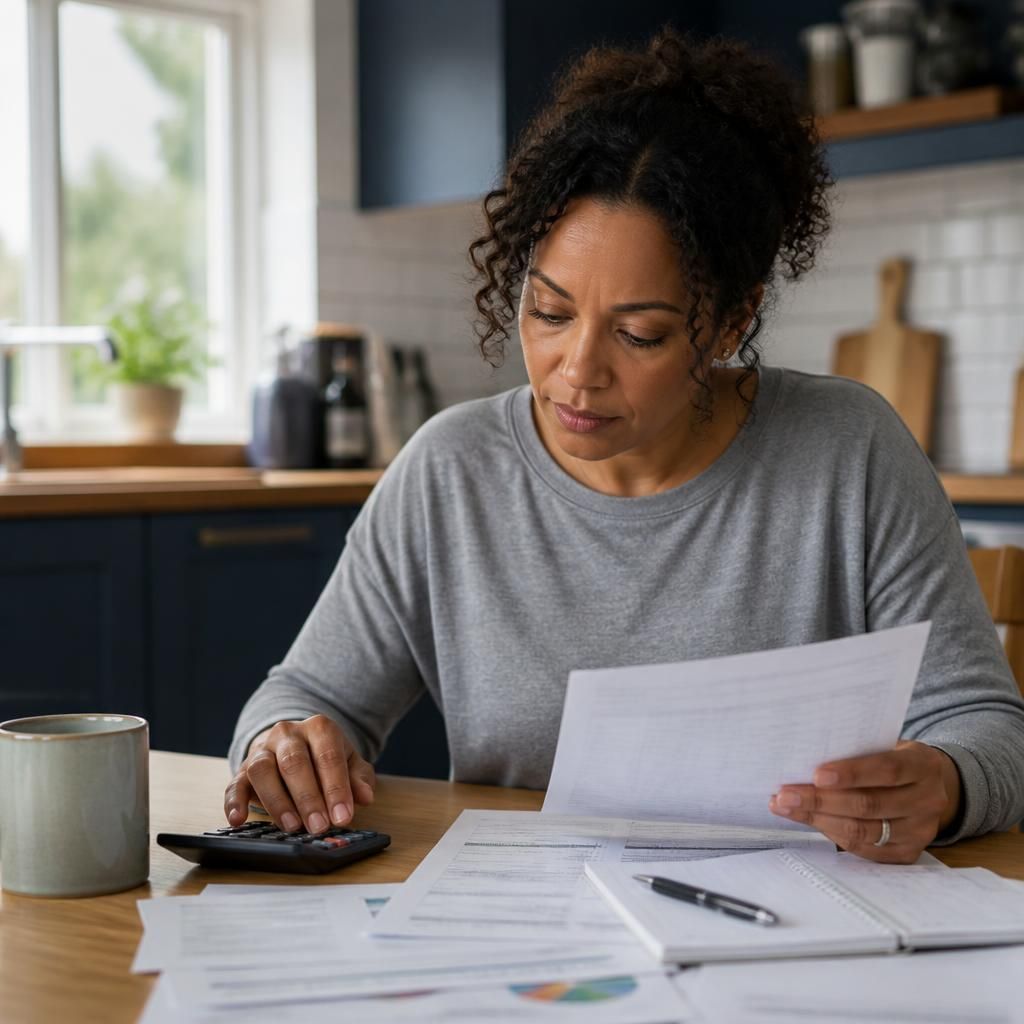 Foster carer reviewing household budgeting documents at a kitchen table