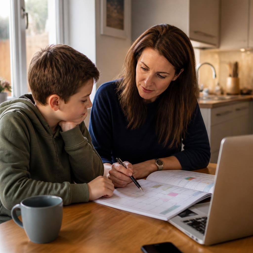 Foster carer reviewing a work schedule with a child at home
