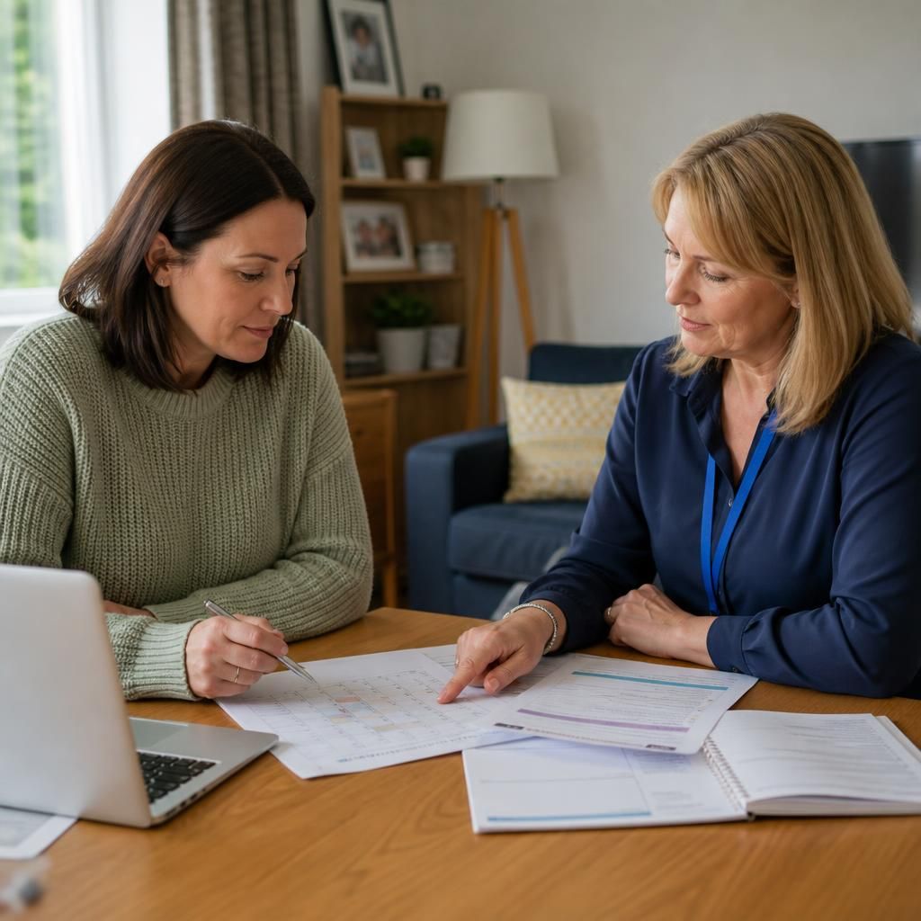 Foster carer reviewing a work schedule and childcare plan with an adviser